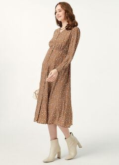 Floral Print V-Neck Maternity & Nursing Dress, Brown, hi-res