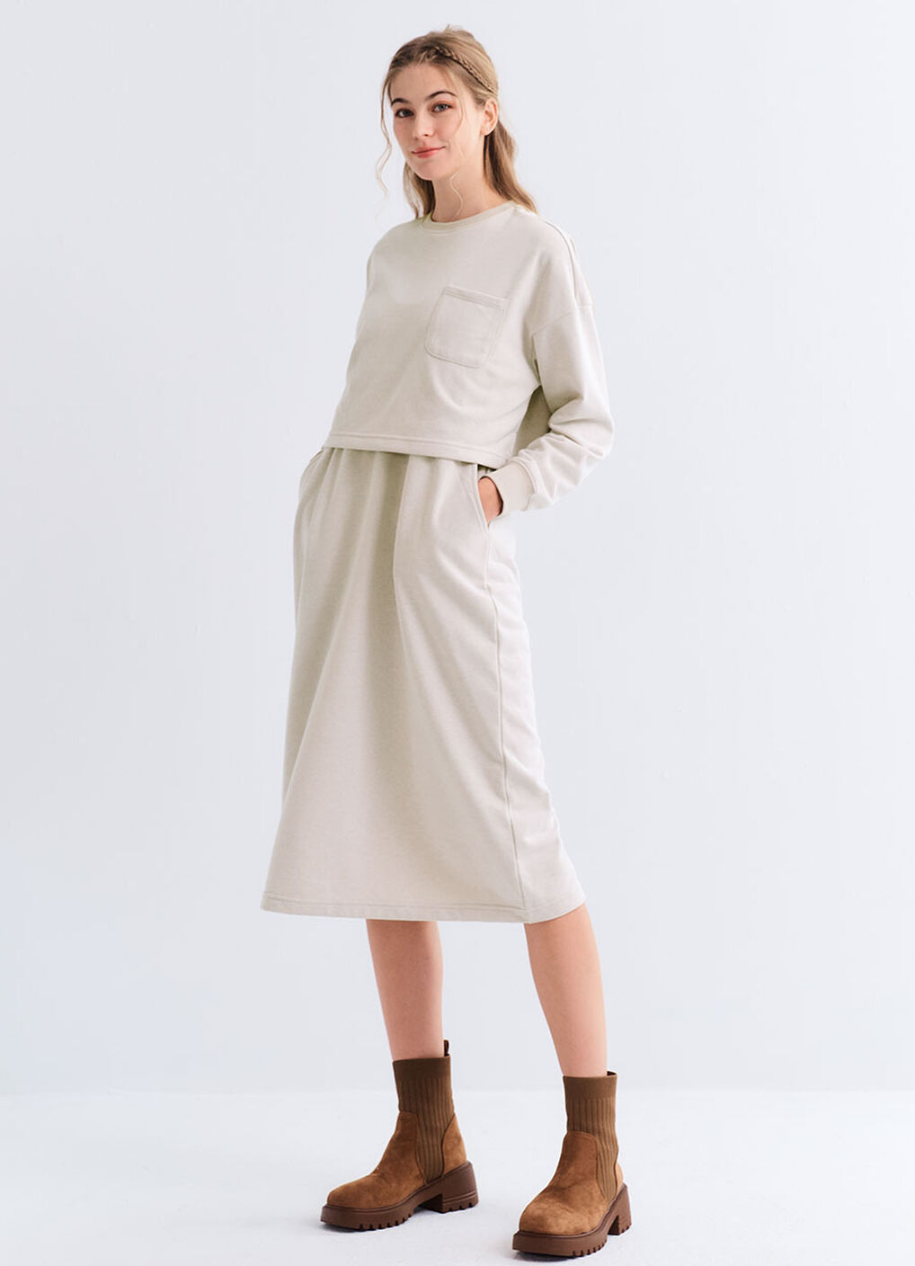 Back Slit Maternity & Nursing Two-Piece Dress, Cream, hi-res image number 4