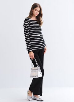 Striped Boat Neck Maternity & Nursing Top, Black, hi-res