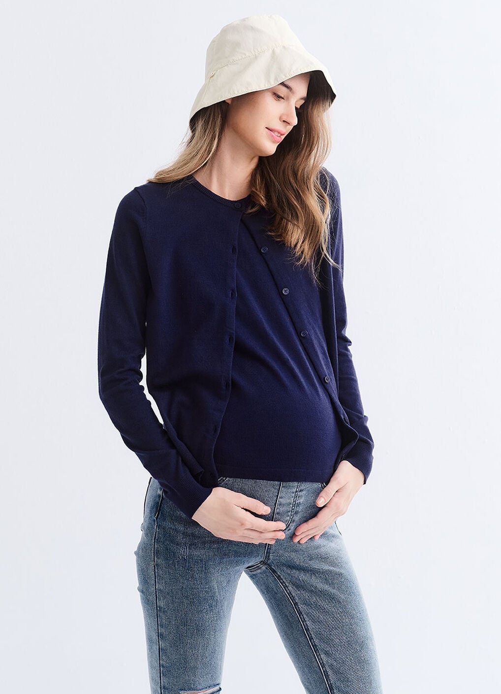 Knitted Crew Neck Maternity & Nursing Cardigan, Navy, hi-res image number 3