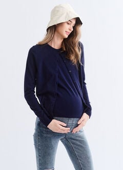 Knitted Crew Neck Maternity & Nursing Cardigan, Navy, hi-res