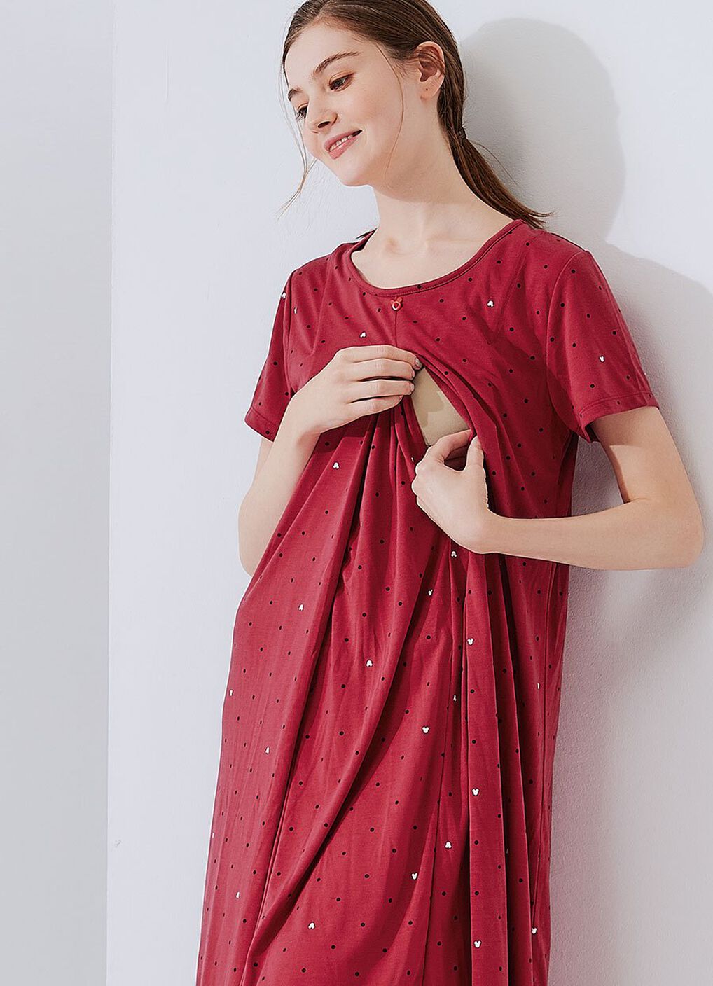 Mickey Dotty Maternity & Nursing Pyjama Dress, Brick, hi-res image number 2
