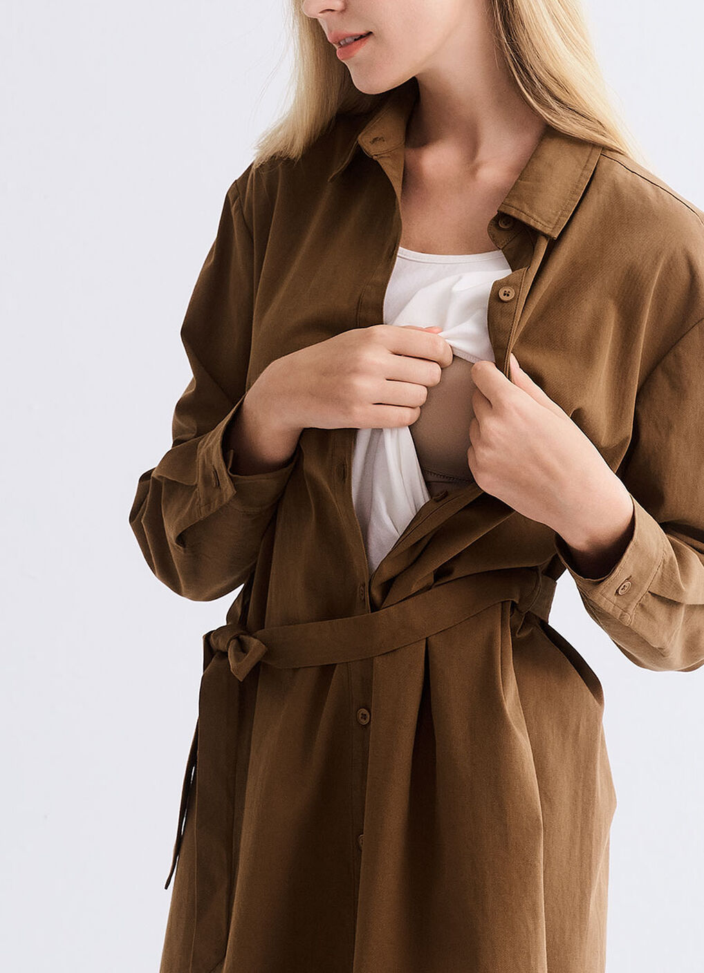Elegant Belted Maternity & Nursing Shirt Dress, Brown, hi-res image number 1