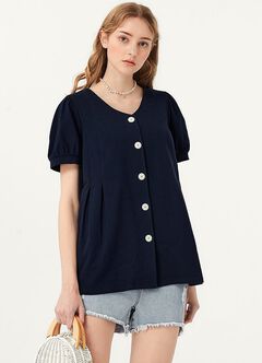 Puff Sleeves Button Down Maternity & Nursing Top, Navy, hi-res