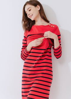 Striped Maternity & Nursing Dress, Red, hi-res
