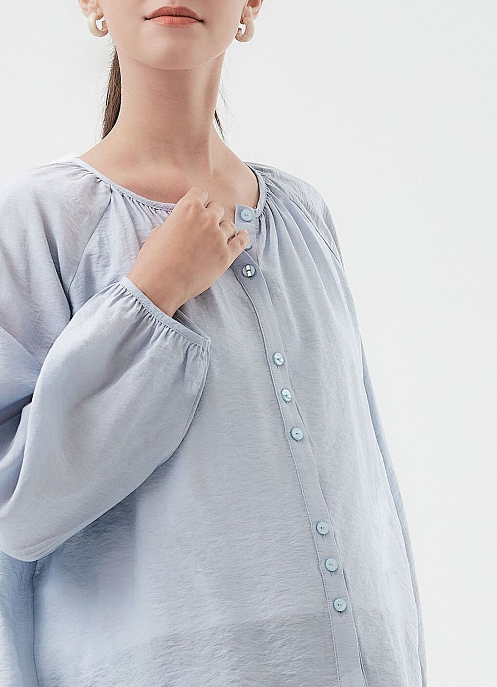 Pleated Round Neck Long Sleeve Maternity & Nursing Blouse, , hi-res image number 2