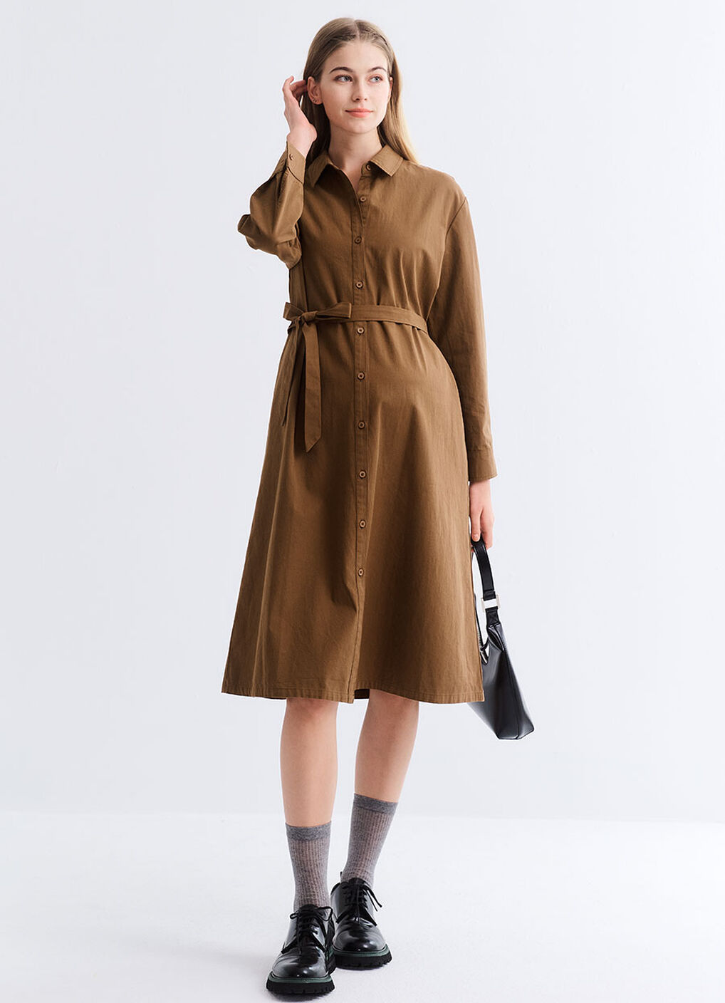 Elegant Belted Maternity & Nursing Shirt Dress, Brown, hi-res image number 0