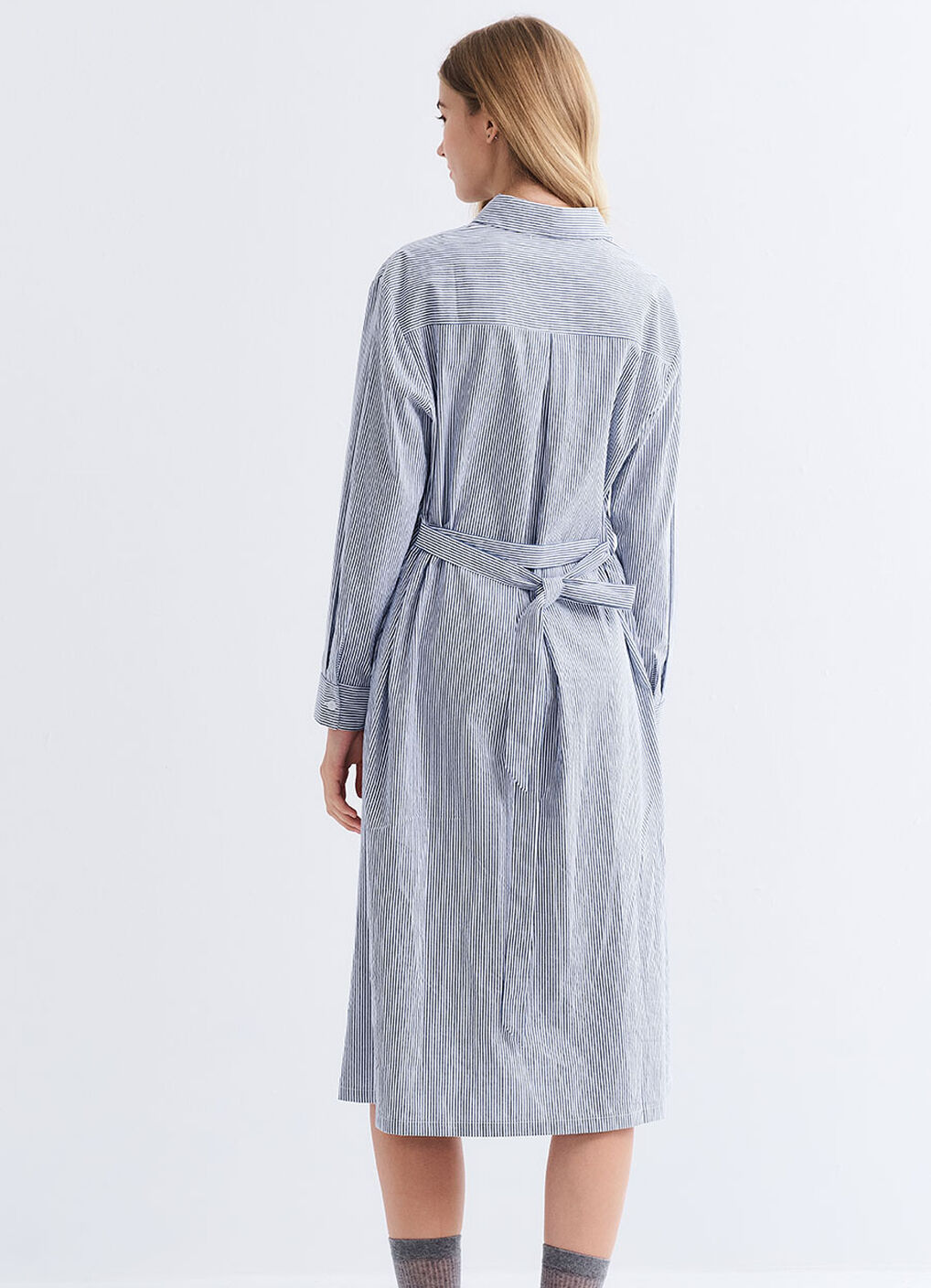 Striped Belted Maternity & Nursing Shirt Dress, Blue, hi-res image number 5