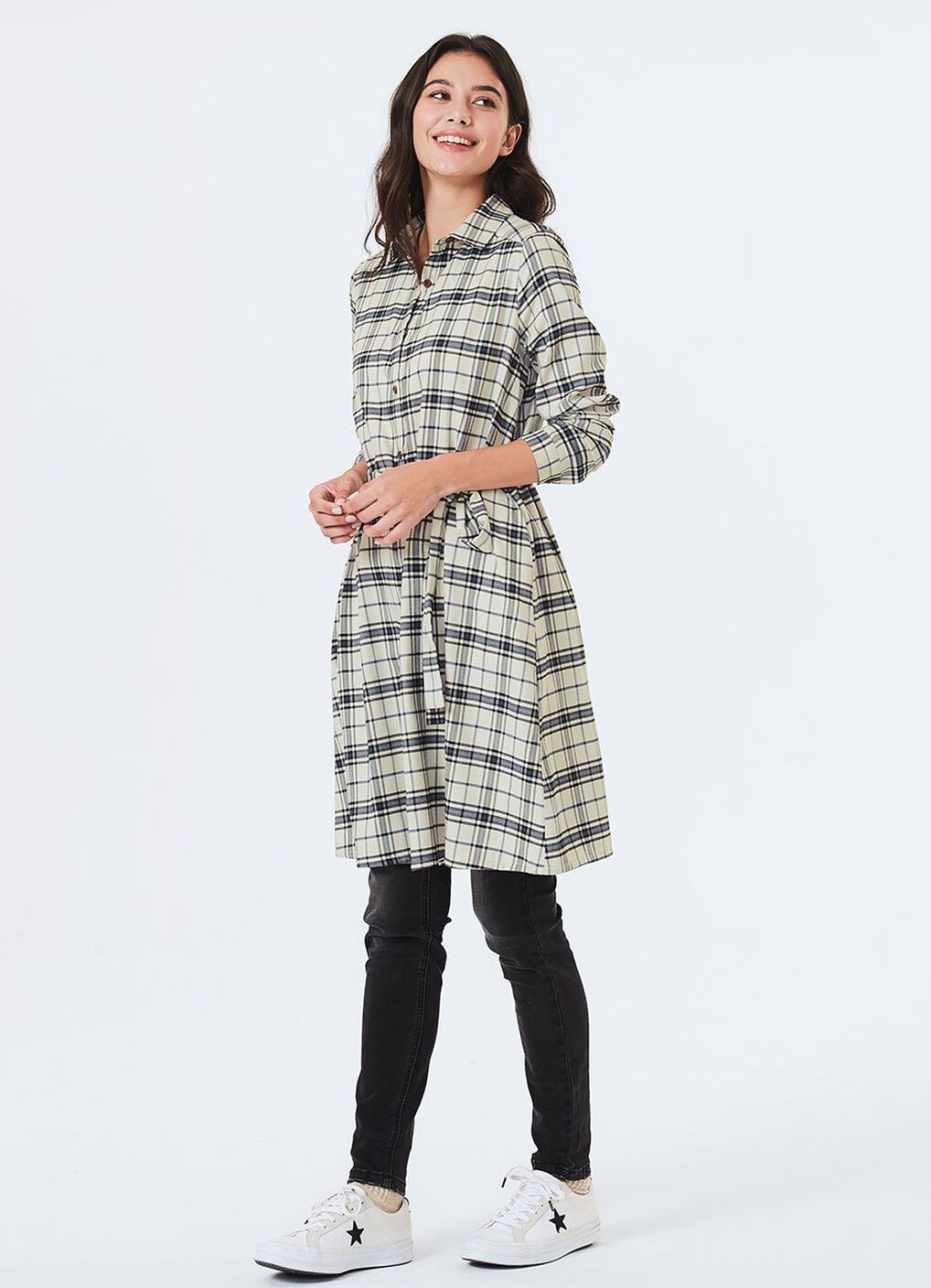 Classic Plaid Maternity & Nursing Shirt Dress, Cream, hi-res image number 3