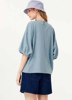 Lantern Sleeves Cotton M&N Top, Blue Grey, hi-res