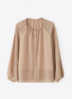 Pleated Round Neck Long Sleeve Maternity & Nursing Blouse, Khaki, hi-res