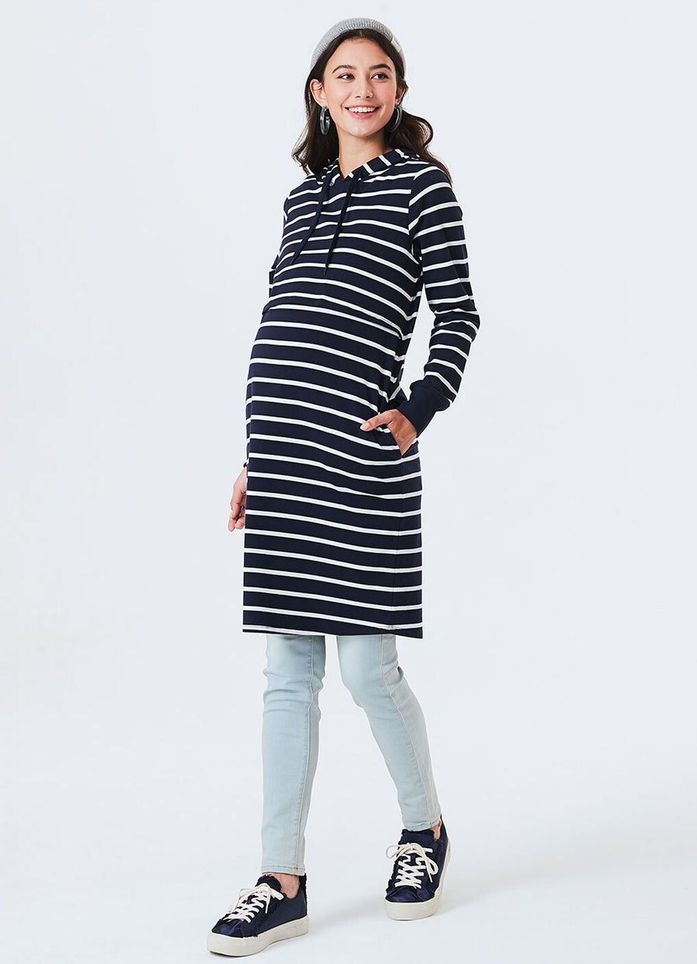 Striped Maternity & Nursing Hoodie Dress, , hi-res image number 2