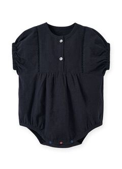 Lace Baby Puff Sleeve Romper, Navy, hi-res