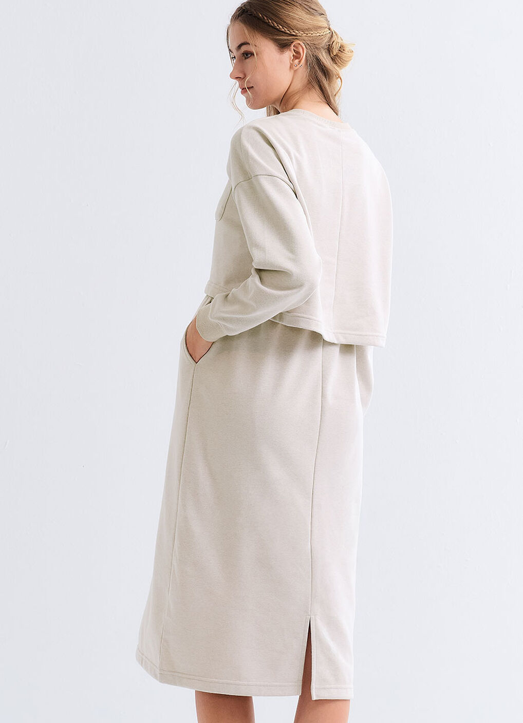 Back Slit Maternity & Nursing Two-Piece Dress, Cream, hi-res image number 0