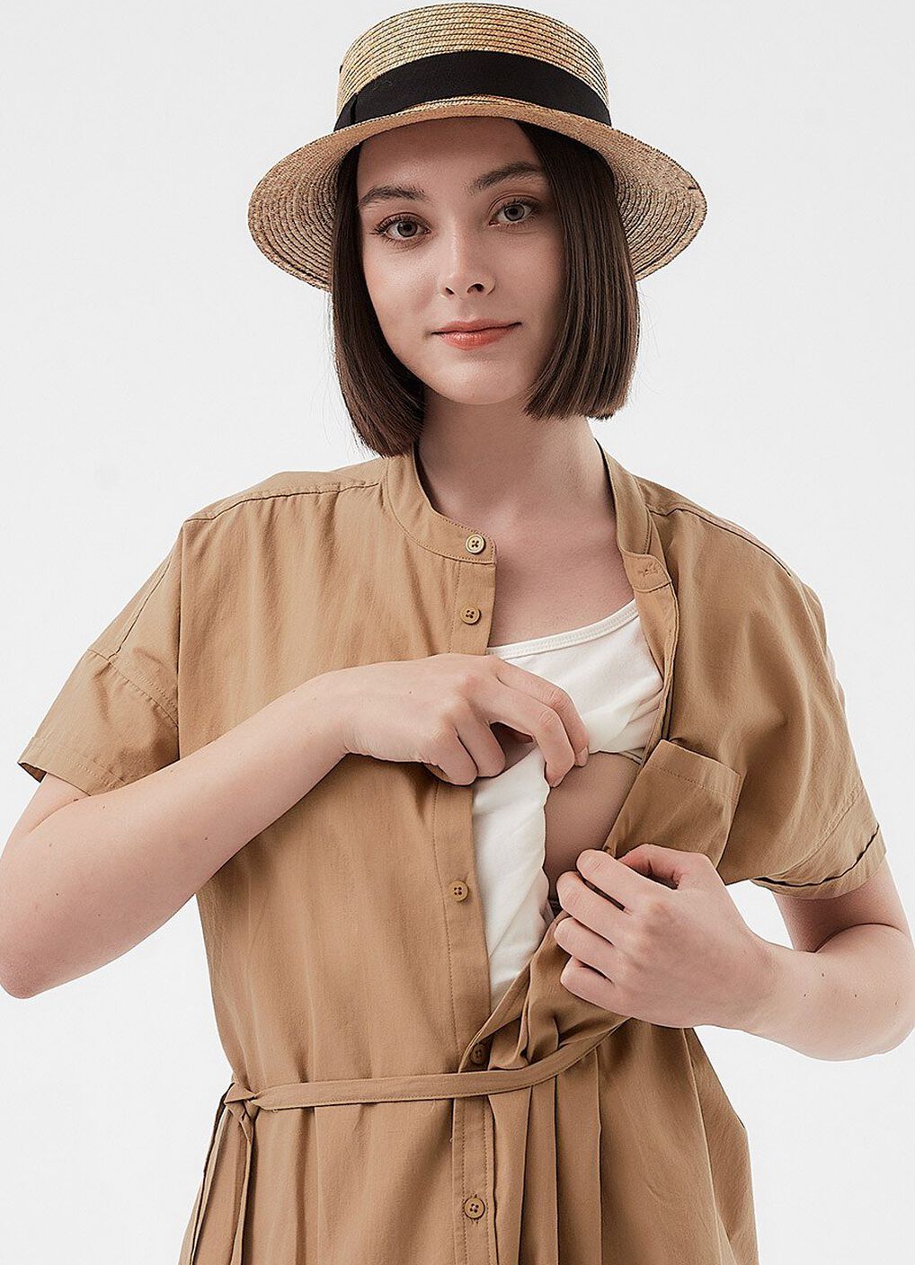 Cotton Maternity & Nursing Shirt Dress, Camel, hi-res image number 1