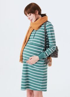 Striped Maternity & Nursing Hoodie Dress, Green, hi-res