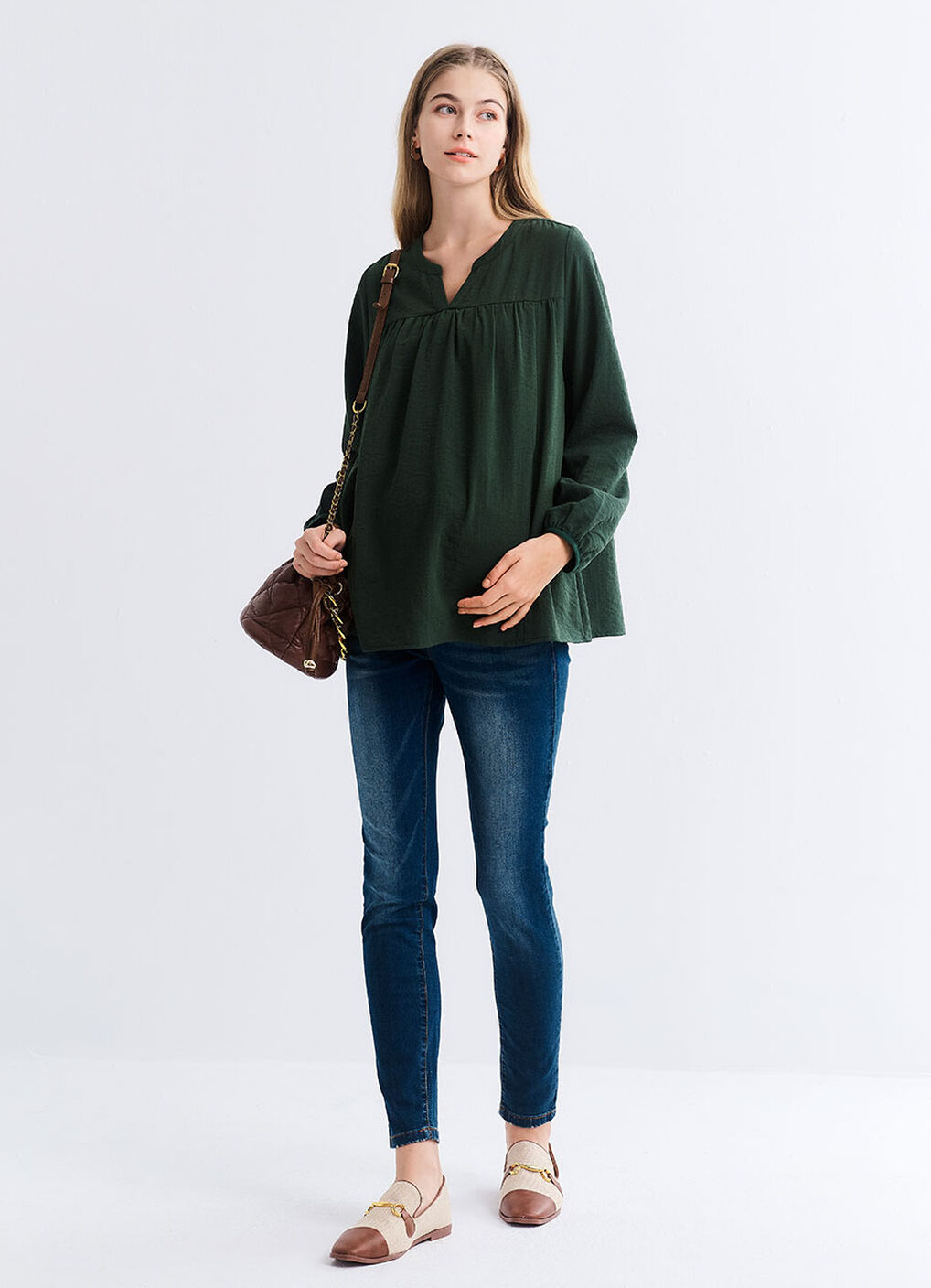 Pleated V-Neck Maternity & Nursing Top, Dark Green, hi-res image number 1