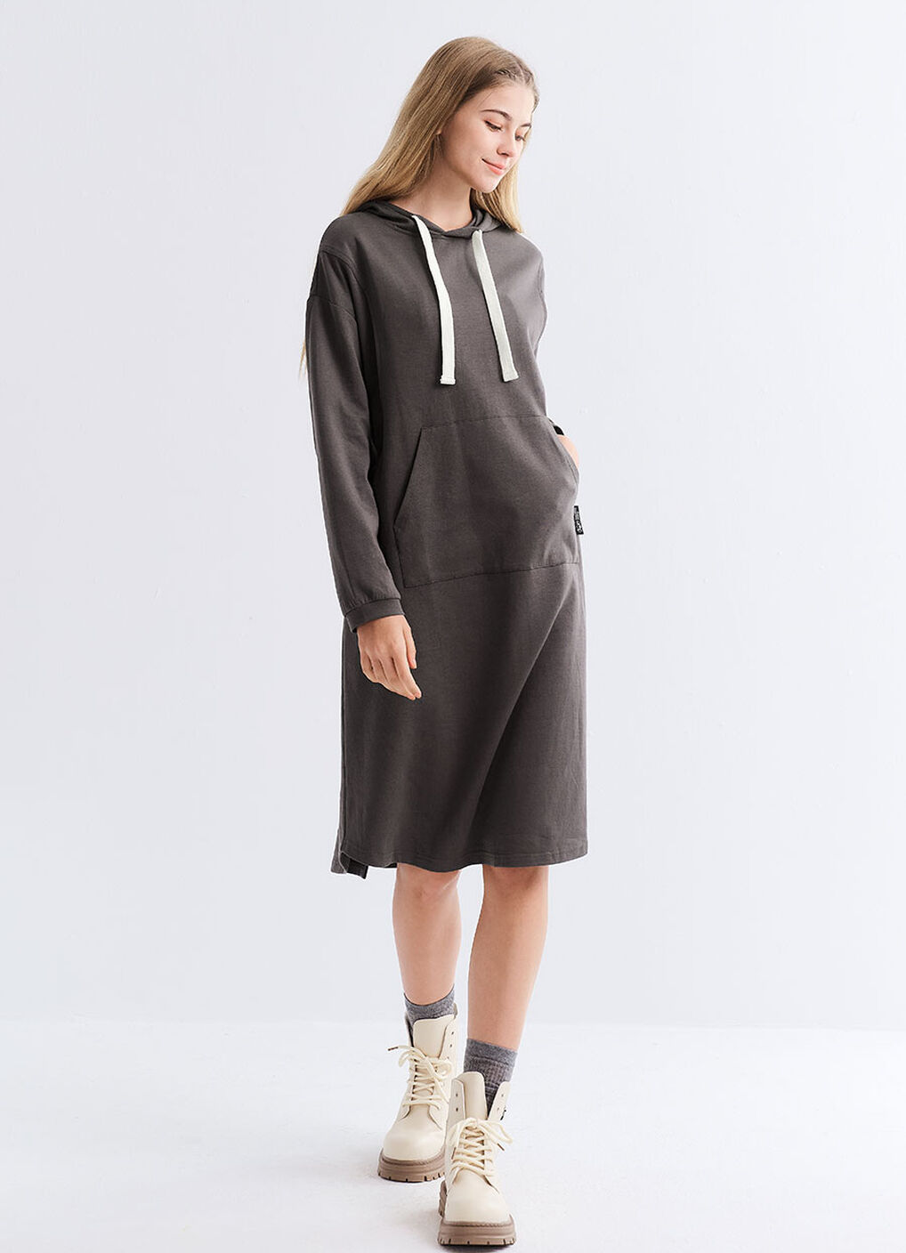 Relaxed Cotton Maternity & Nursing Hoodie Dress, Charcoal, hi-res image number 2