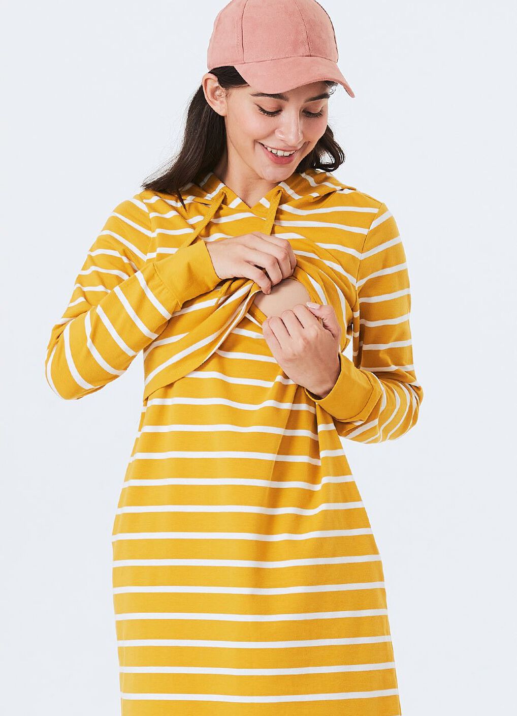 Striped Maternity & Nursing Hoodie Dress, Mustard, hi-res image number 1