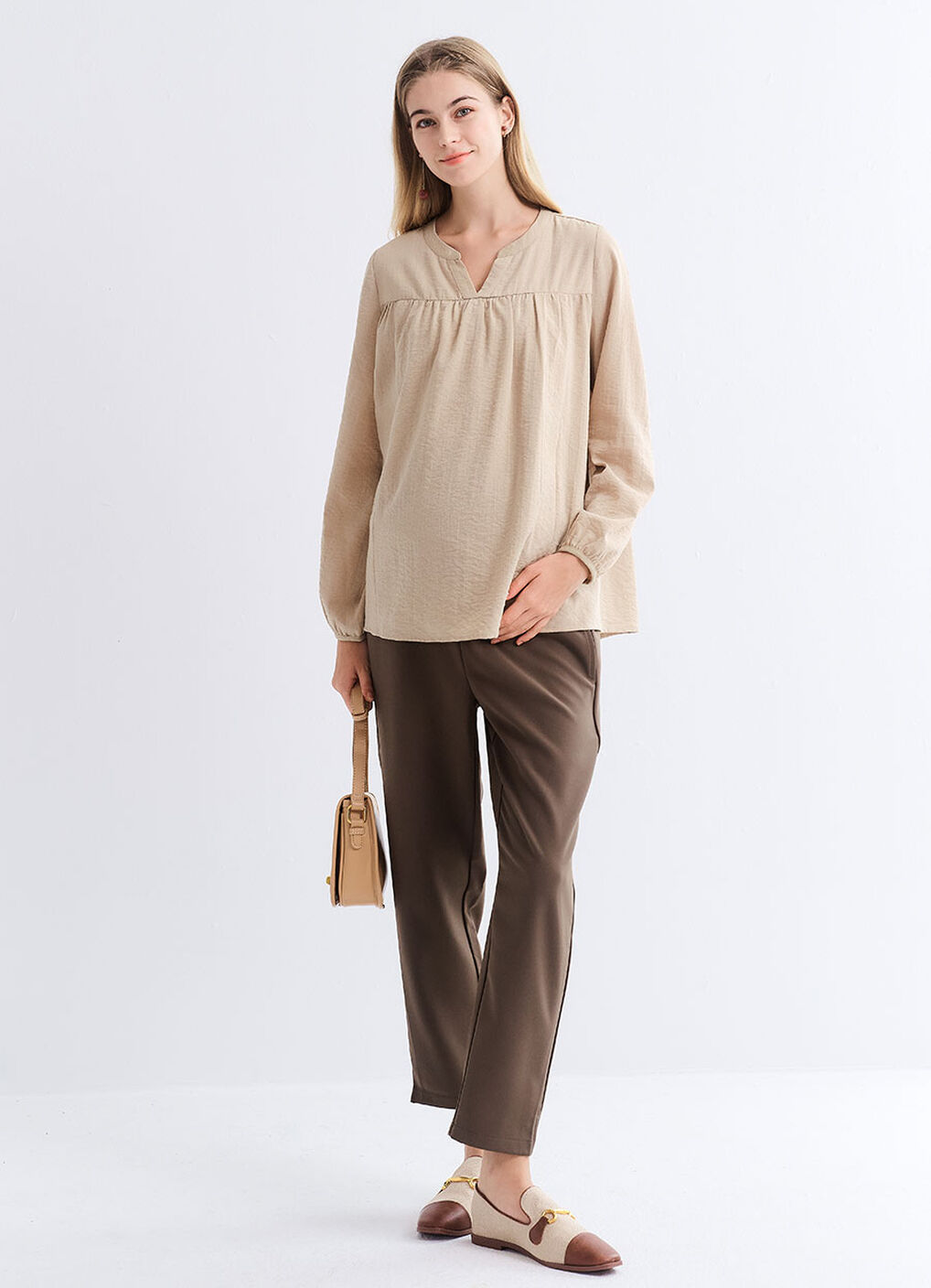 Pleated V-Neck Maternity & Nursing Top, Khaki, hi-res image number 1
