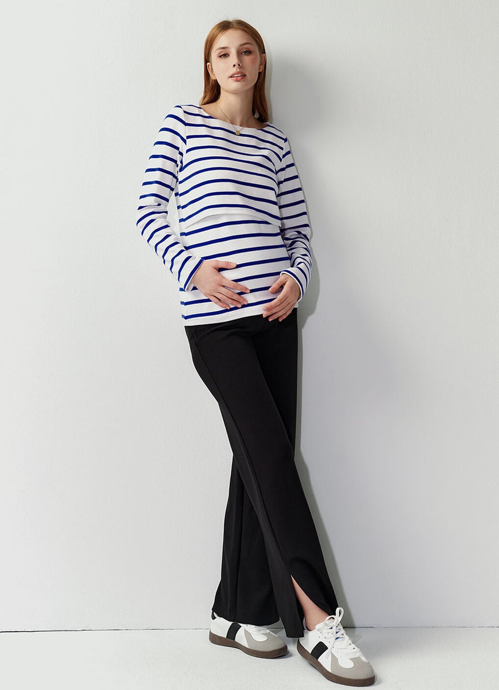 Striped Boat Neck Maternity & Nursing Top, Blue, hi-res image number 0