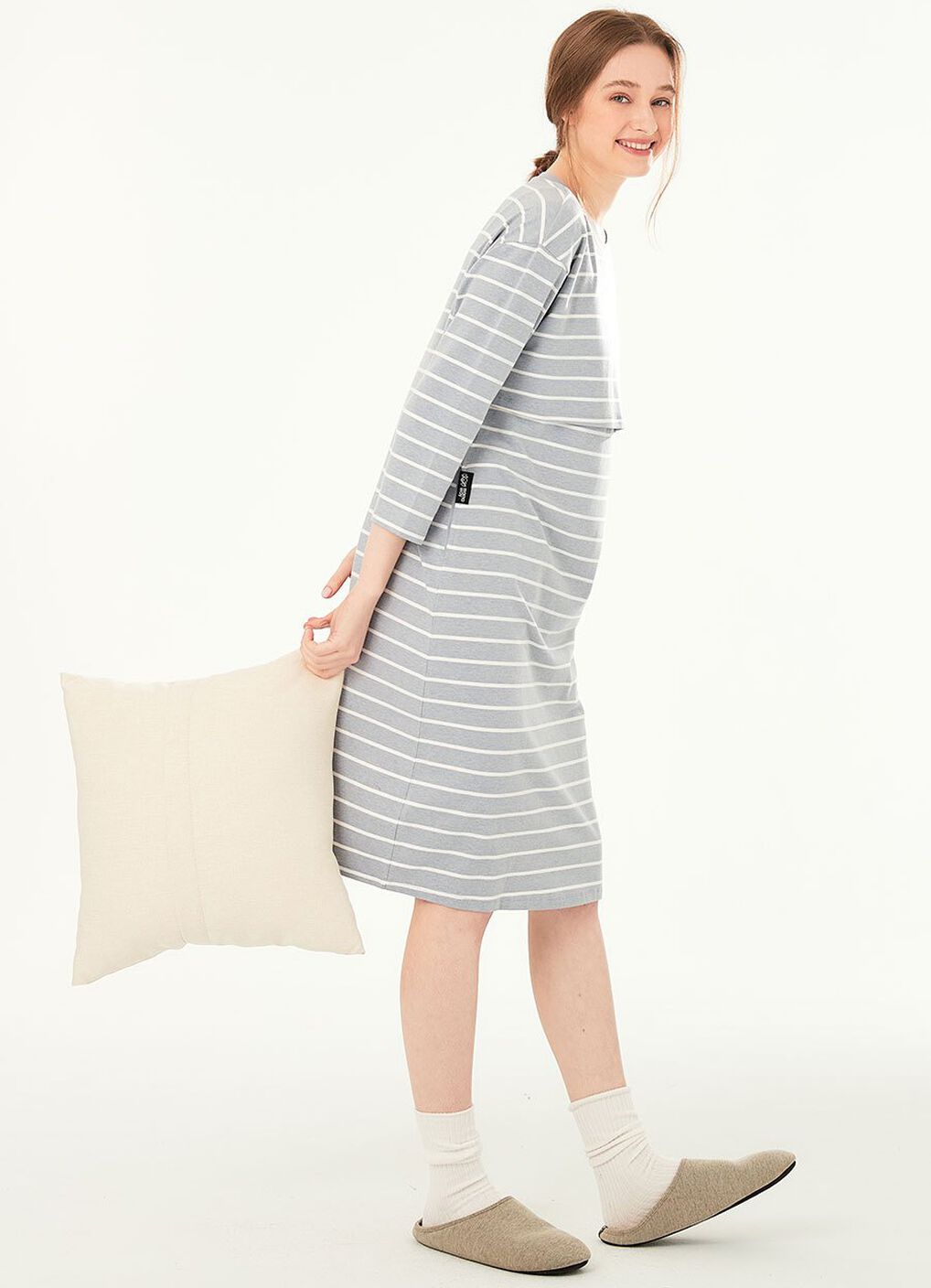 Striped Maternity & Nursing Pyjama Dress, Blue Grey, hi-res image number 4
