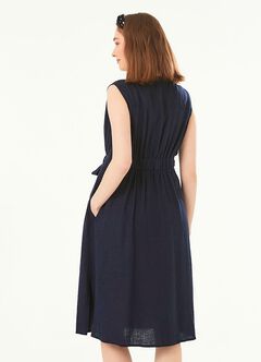 Button-through S/L Maternity & Nursing Dress, Navy, hi-res