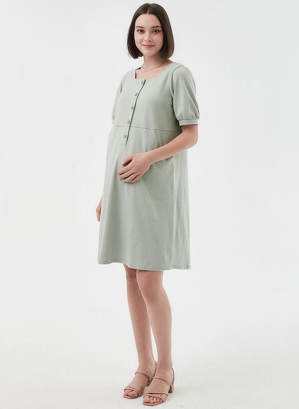 Buttoned Square Neck Maternity & Nursing Short Sleeve Dress