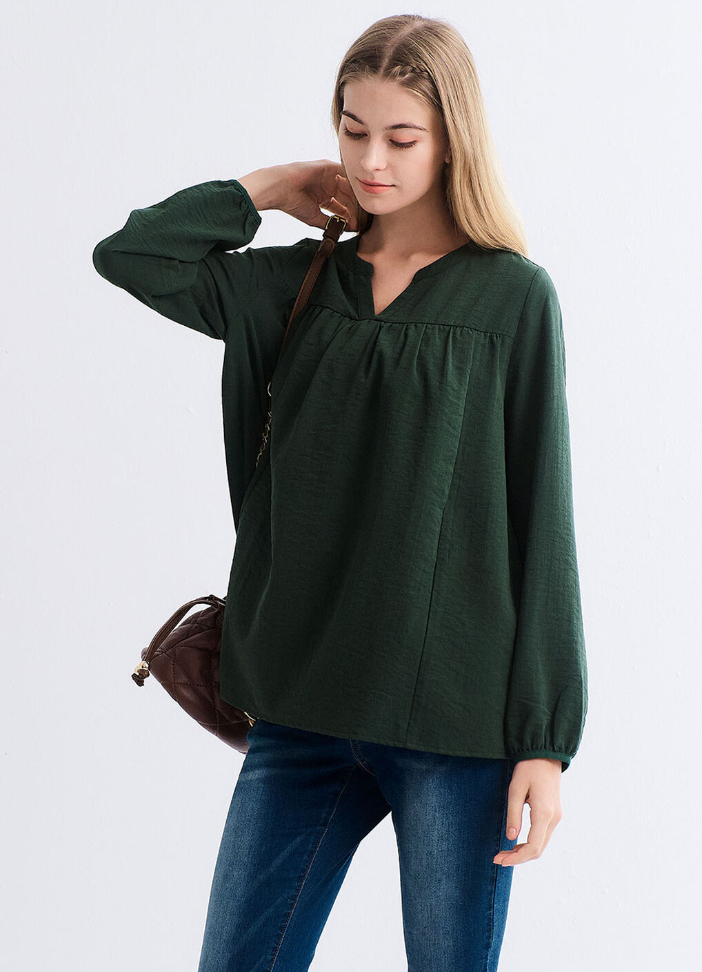 Pleated V-Neck Maternity & Nursing Top, Dark Green, hi-res image number 7