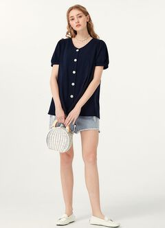 Puff Sleeves Button Down Maternity & Nursing Top, Navy, hi-res