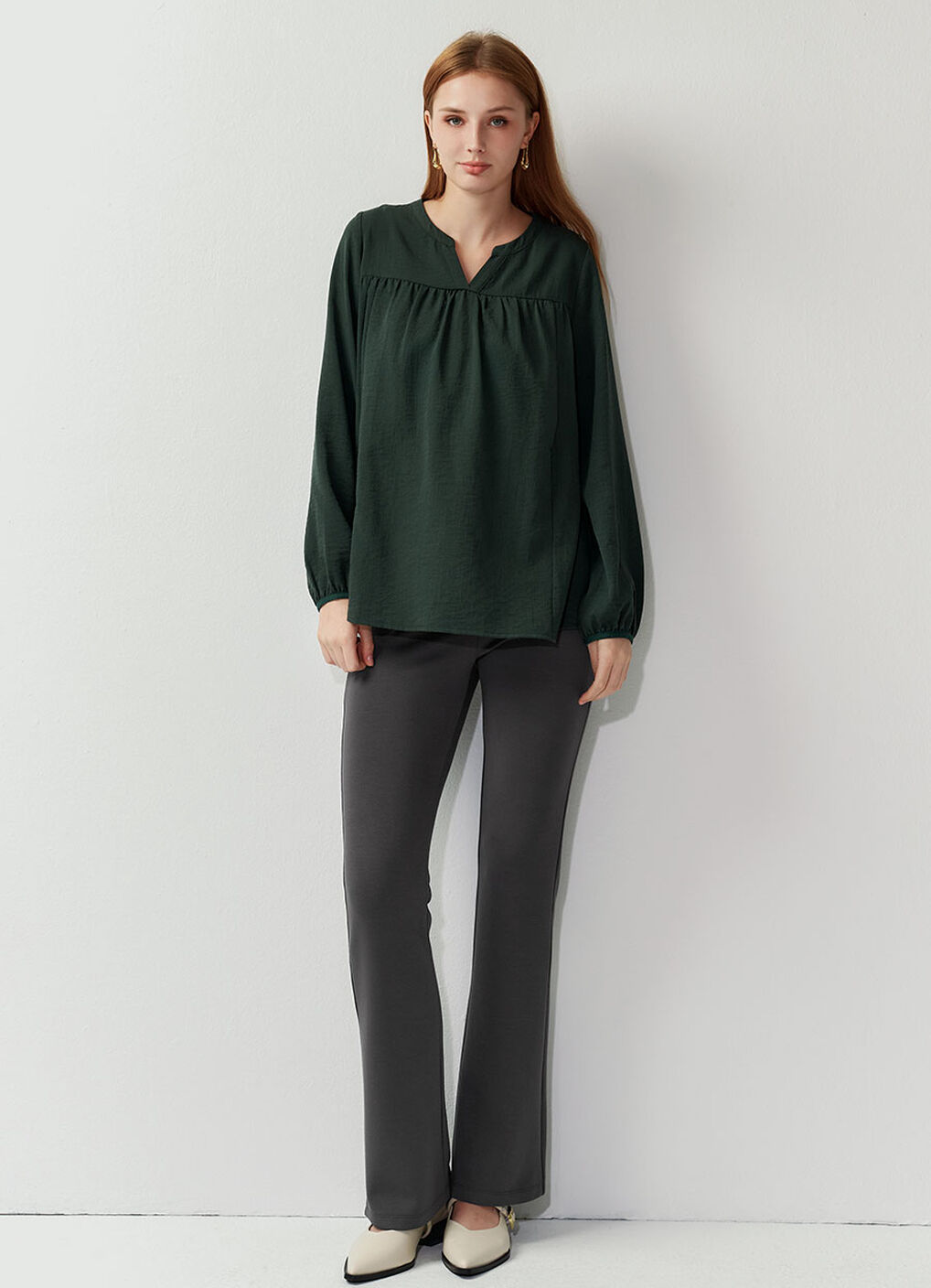 Pleated V-Neck Maternity & Nursing Top, Dark Green, hi-res image number 2