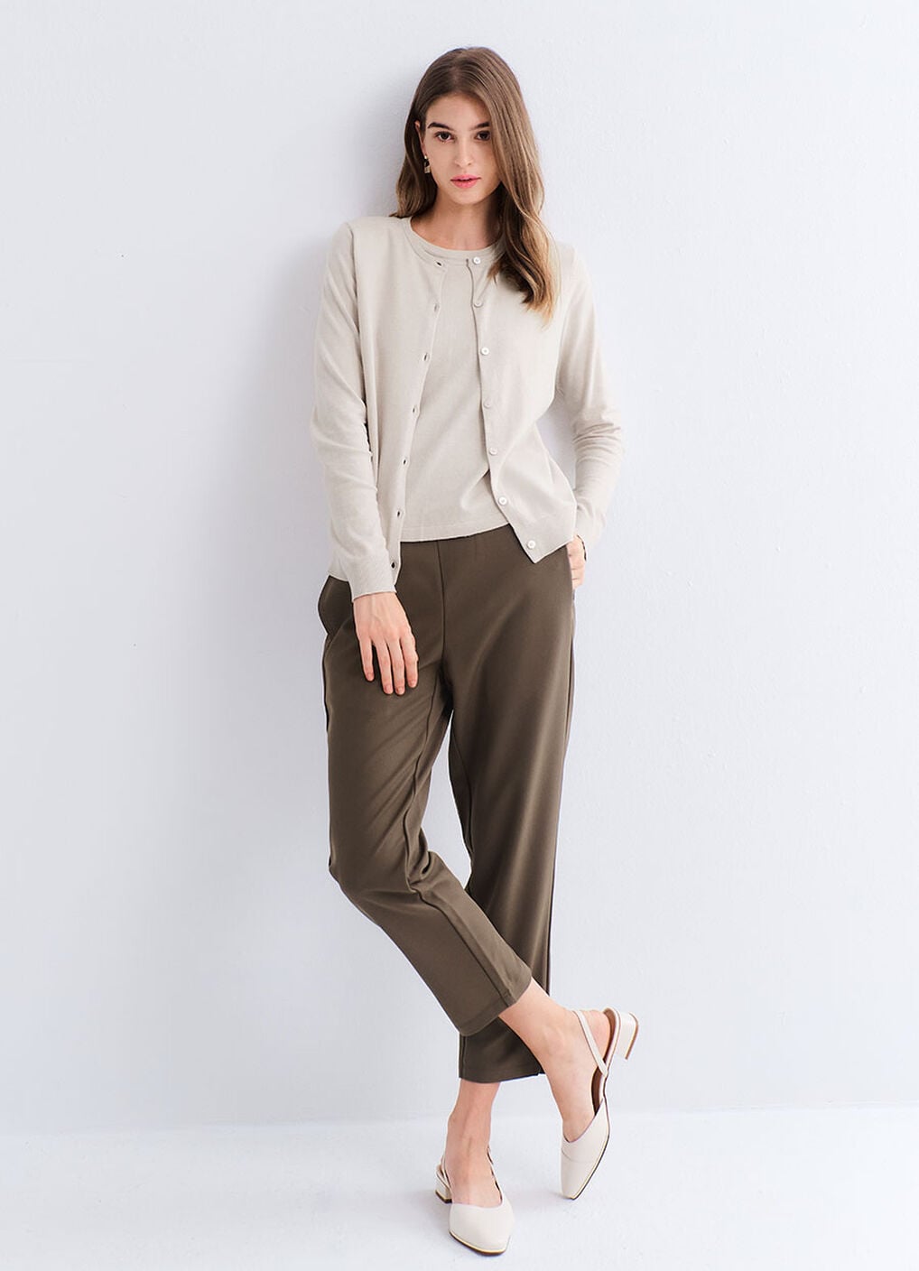Knitted Crew Neck Maternity & Nursing Cardigan, Cream, hi-res image number 2