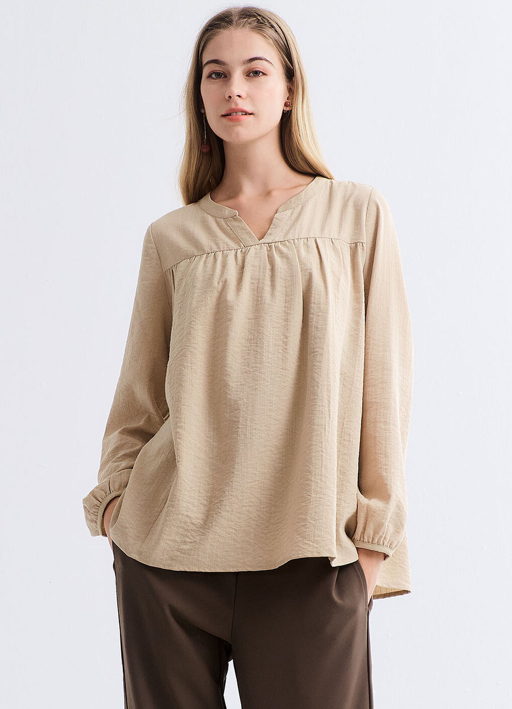 Pleated V-Neck Maternity & Nursing Top, Khaki, hi-res image number 0