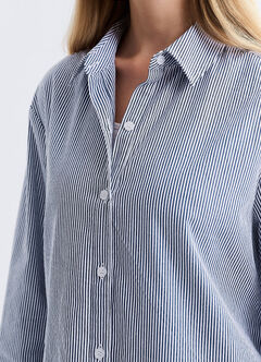 Striped Belted Maternity & Nursing Shirt Dress, Blue, hi-res