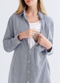 Striped Belted Maternity & Nursing Shirt Dress, Blue, hi-res