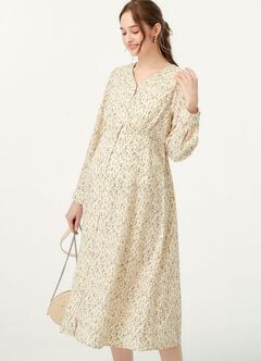 Floral Print V-Neck Maternity & Nursing Dress, Cream, hi-res