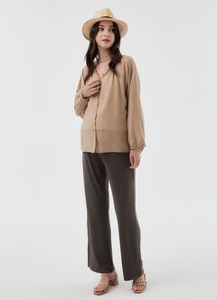 Pleated Round Neck Long Sleeve Maternity & Nursing Blouse, Khaki, hi-res