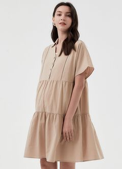 Cotton Maternity & Nursing Short Sleeve Tiered Dress, Khaki, hi-res
