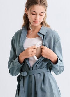 Elegant Belted Maternity & Nursing Shirt Dress, Sage, hi-res