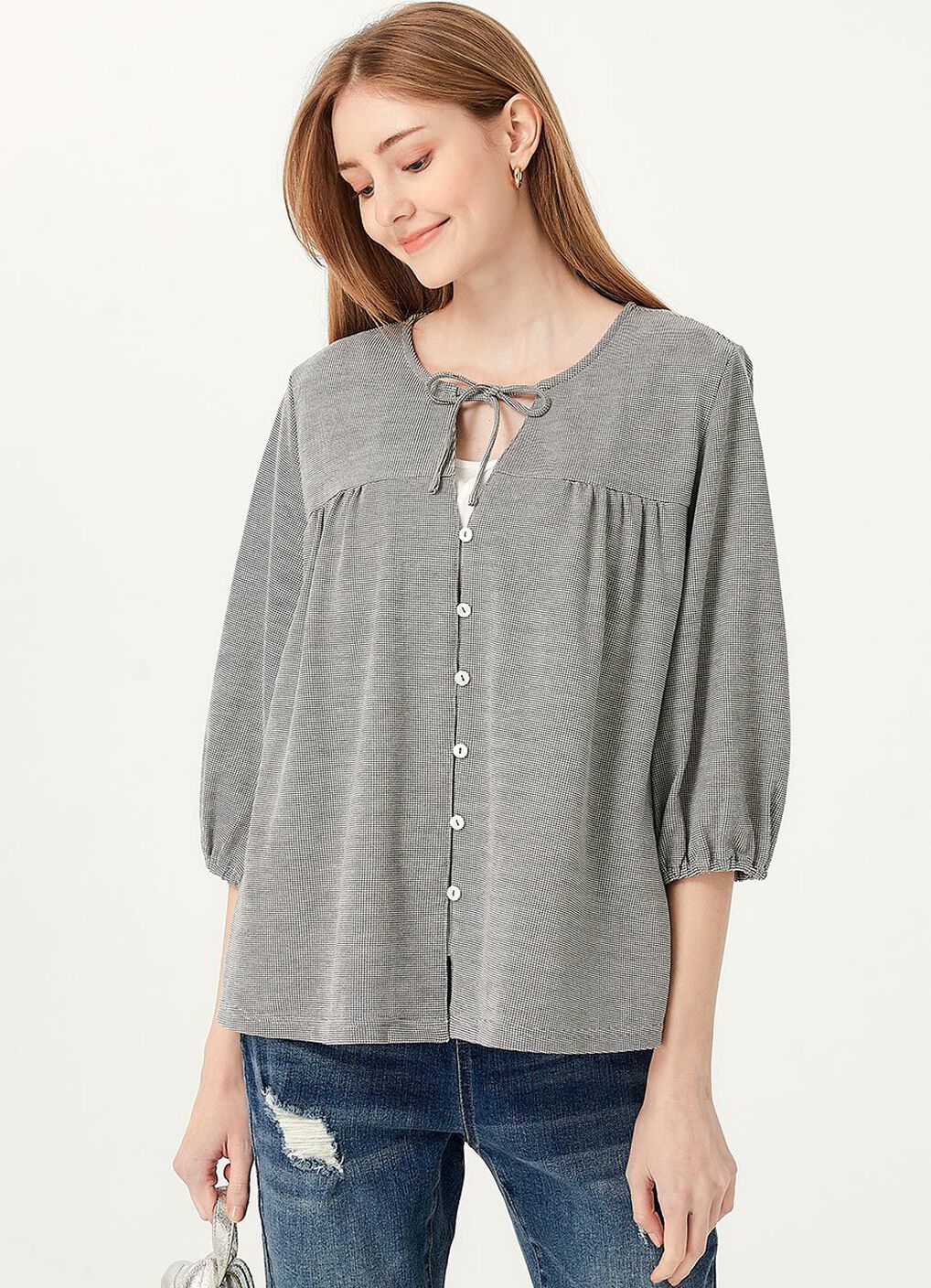 Puff Sleeves Cotton M&N Top, Black, hi-res image number 0