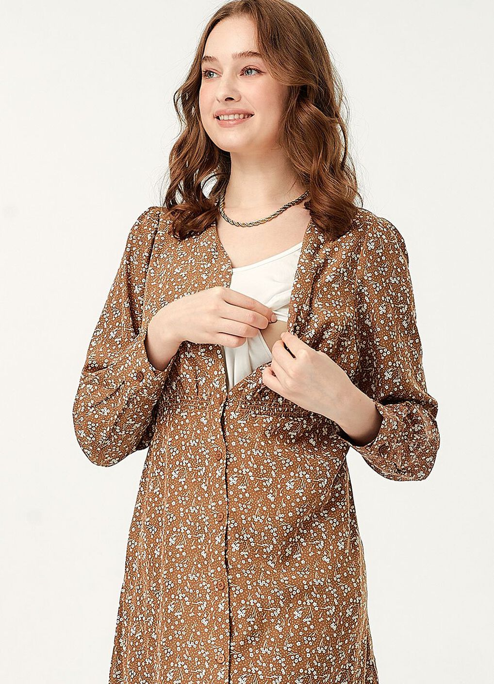 Floral Print V-Neck Maternity & Nursing Dress, Brown, hi-res image number 1