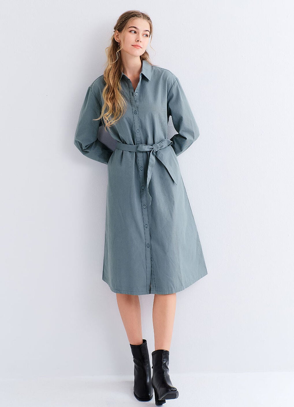 Elegant Belted Maternity & Nursing Shirt Dress, Sage, hi-res image number 0