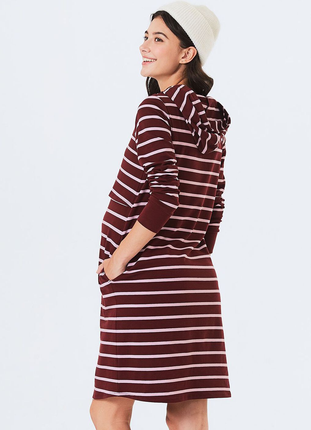 Striped Maternity & Nursing Hoodie Dress, Wine, hi-res image number 4