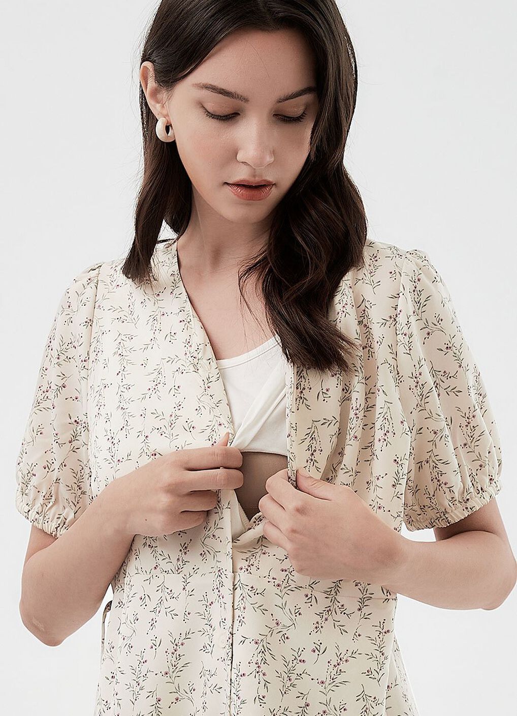 Floral Print Puff Sleeve Maternity & Nursing Dress, , hi-res image number 1