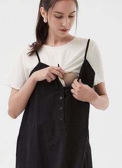 Buttoned Short Sleeve Maternity & Nursing Dress, Black, hi-res