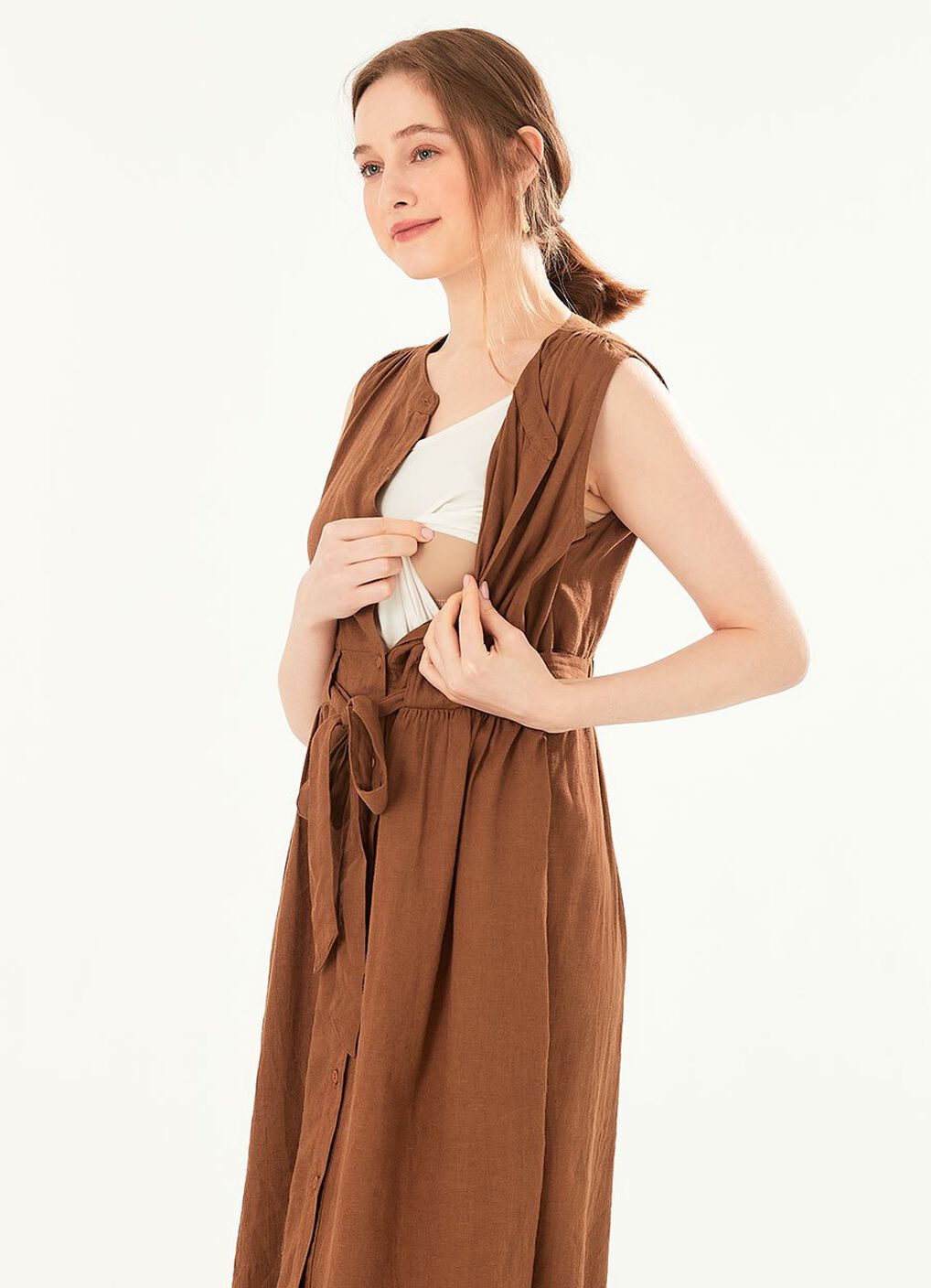 Button-through S/L Maternity & Nursing Dress, Brown, hi-res image number 1