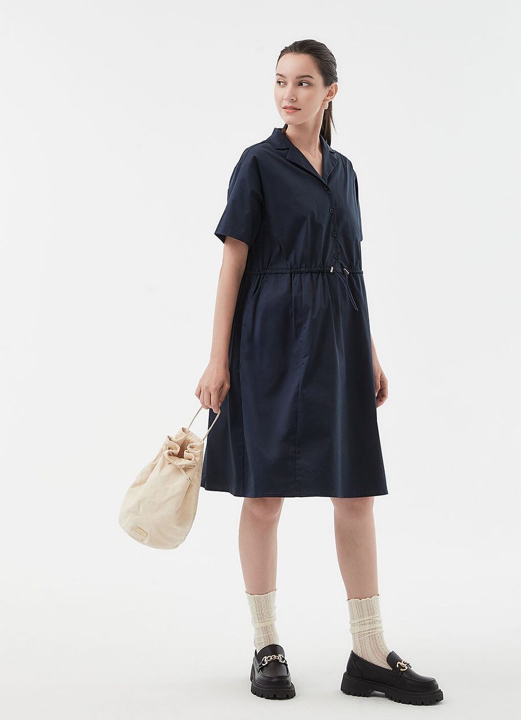 Collared Tie Waist Maternity & Nursing Short Sleeve Dress, Navy, hi-res image number 0