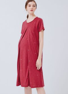 Mickey Dotty Maternity & Nursing Pyjama Dress, Brick, hi-res