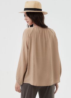 Pleated Round Neck Long Sleeve Maternity & Nursing Blouse, Khaki, hi-res