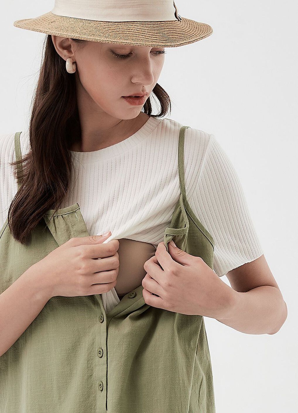 Buttoned Short Sleeve Maternity & Nursing Dress, Olive, hi-res image number 1